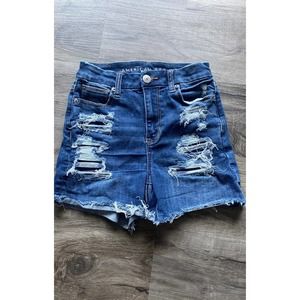American Eagle Dark Wash Destressed Curvy HI Rise Jean Shorties Size 0